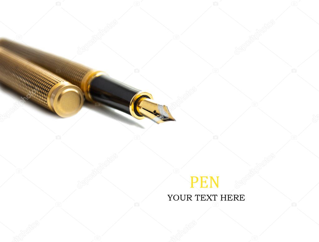 Elegant gold plated business fountain pen isolated on white with clipping path, with your text here.