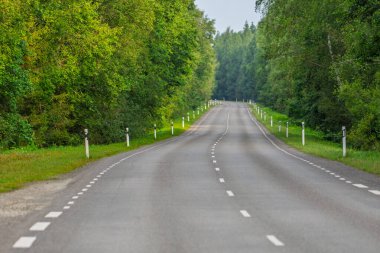Issız asfalt yol bulutlu bir yaz gününde ormanlık tepelerde kayboluyor. Ağaçlarla kaplı bir otoyol kırsal alanda manzaralı bir manzara yaratır..