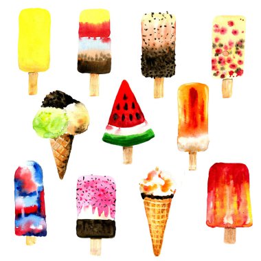 Beyaz zemin üzerine suluboya farklı Ice cream. Yaz Dess'i