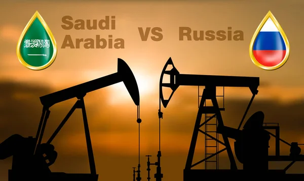 Arabia Saudita Rusia Bandera Producción Petróleo Con Siluetas Bombas Aceite — Archivo Imágenes Vectoriales