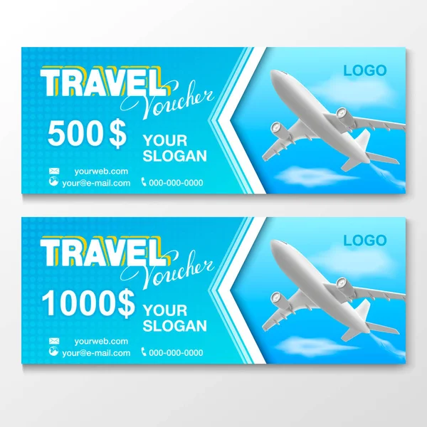 Regalo Diseño Cupones Viaje Por 500 1000 Dólares Con Avión — Vector de stock