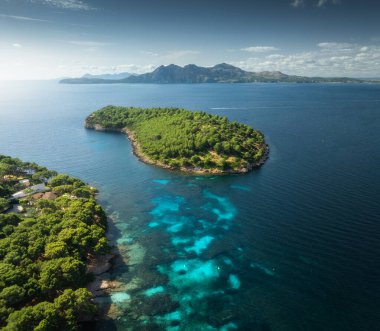 Mavi Akdeniz, temiz su ve dağlarla çevrili çam ağaçları olan yeşil bir adanın insansız hava aracı görüntüsü. İspanya, Balearic Adaları, Mallorca 'daki manzaralı kıyı manzarası. Üst Manzara. Tropik