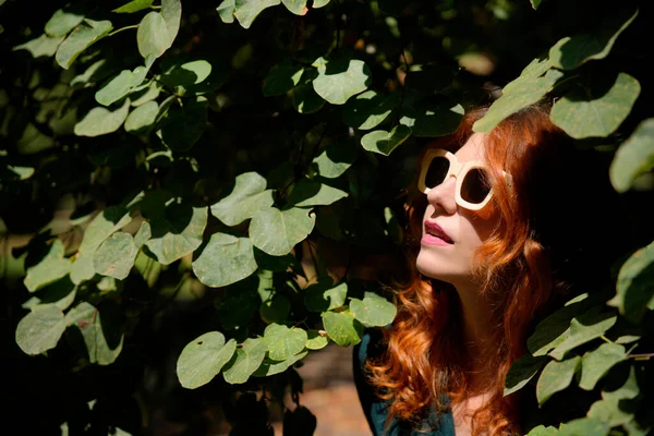 Fashionable redhead woman wearing sunglasses and enjoying nature under green leaves in a sunny day