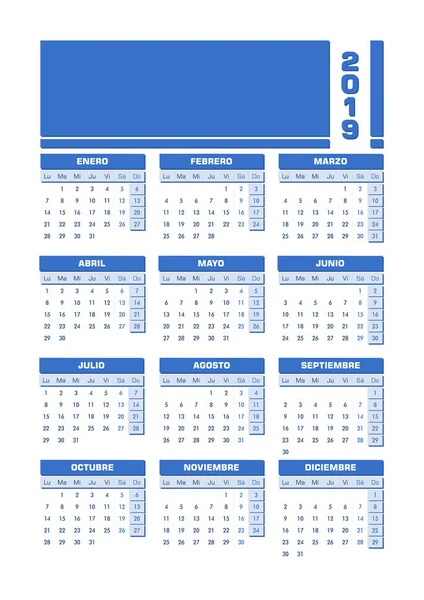 Mavi 2019 İspanyol takvim. Vektör çizim içeriği için boş alan ile. Tüm öğeleri sıralanmış ve kolay edition için katmanlar halinde gruplandırılmış. Yazdırılabilir portre sürüm