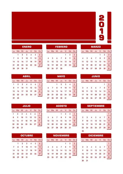 Calendário Espanhol Vermelho 2019 Ilustração Vetorial Com Espaço Vazio Para —  Vetores de Stock