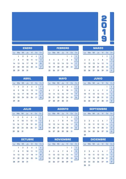 Calendario Español Azul 2019 Ilustración Vectorial Con Espacio Vacío Para — Vector de stock
