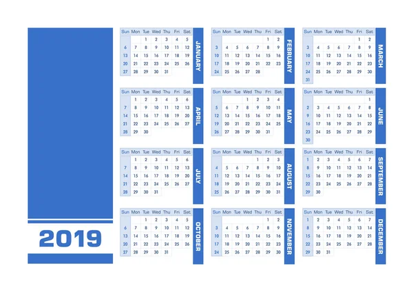 Calendario Inglés Azul 2019 Ilustración Vectorial Con Espacio Blanco Para — Archivo Imágenes Vectoriales