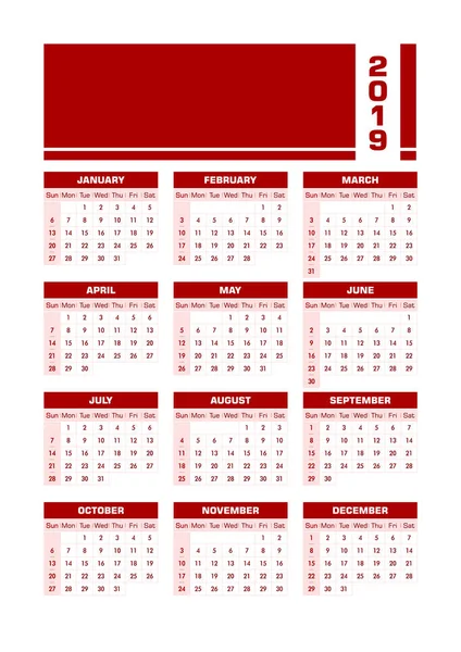 Calendario Inglés Rojo 2019 Ilustración Vectorial Con Espacio Blanco Para — Vector de stock