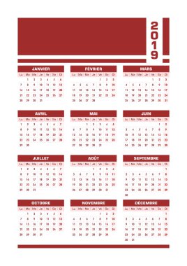 Kırmızı 2019 Fransız takvimi. Vektör çizim içeriği için boş alan ile. Tüm öğeleri sıralanmış ve kolay edition için katmanlar halinde gruplandırılmış. Yazdırılabilir portre sürüm