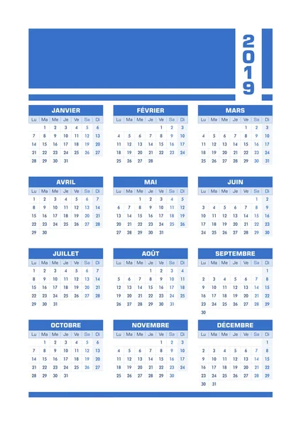 Французский Календарь 2019 Года Векторная Иллюстрация Пустым Местом Вашего Содержимого — стоковый вектор