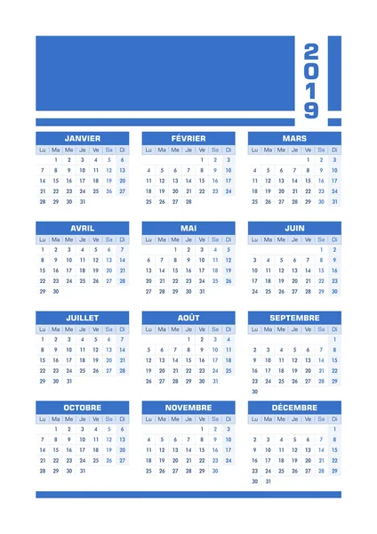 Mavi 2019 Fransız takvimi. Vektör çizim içeriği için boş alan ile. Tüm öğeleri sıralanmış ve kolay edition için katmanlar halinde gruplandırılmış. Yazdırılabilir portre sürüm