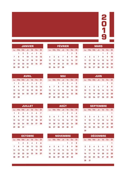 Calendario Francés Rojo 2019 Ilustración Vectorial Con Espacio Blanco Para — Vector de stock