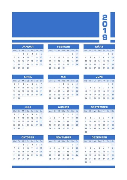 Blue 2019 German Calendar Vector Illustration Blank Space Your Contents — Stock Vector