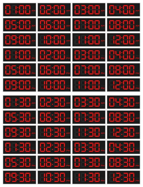 Set di orologi digitali per ore lavorative isolati su bianco. 12 h — Vettoriale Stock