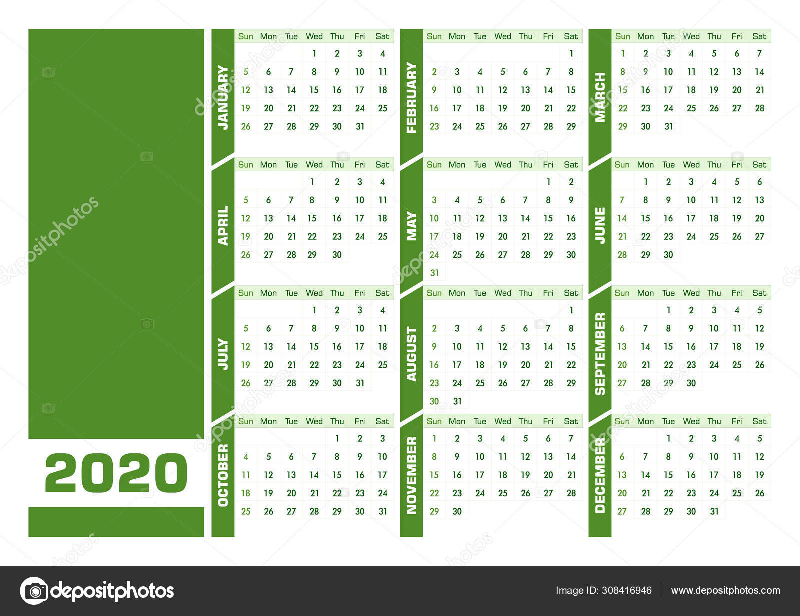 Green Din A4 2020 English Calendar Landscape Version Stock Vector C Ojovago 308416946 calendario din a4