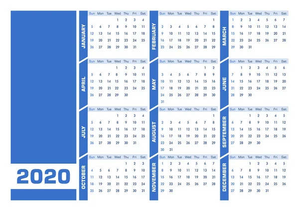 Blue DIN-A4 2020 English calendar. Landscape version