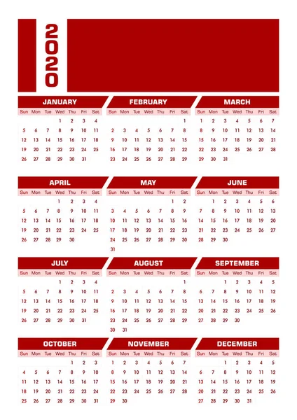 Calendario inglés rojo DIN-A4 2020. Versión de retrato — Vector de stock