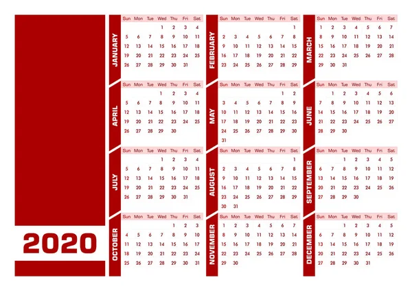 Calendario inglés rojo DIN-A4 2020. Versión de paisaje — Archivo Imágenes Vectoriales