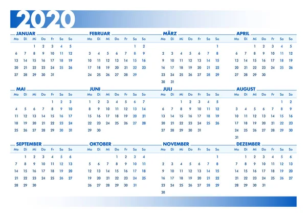 Blå 2020 tysk kalender. Utskrivbar landskaps version — Stock vektor