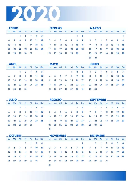 Blå 2020 spansk kalender. Utskrivbar porträtt version — Stock vektor
