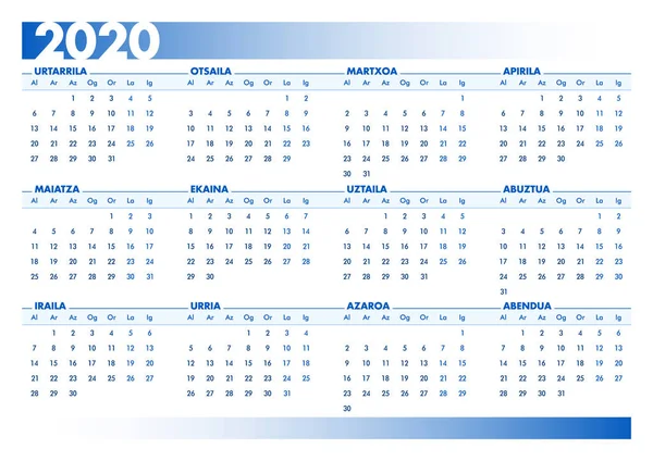 Niebieski 2020 kalendarz baskijski. Wersja pozioma do druku — Wektor stockowy