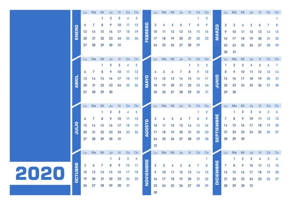 Mavi 2020 İspanyolca takvimi. Yazdırılabilir yatay sürüm