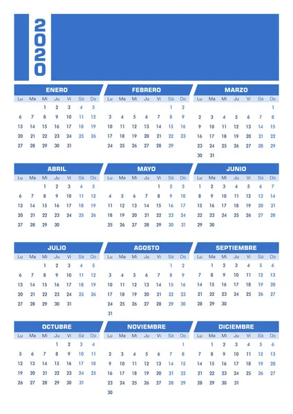 Mavi 2020 İspanyolca takvimi. Yazdırılabilir portre sürümü