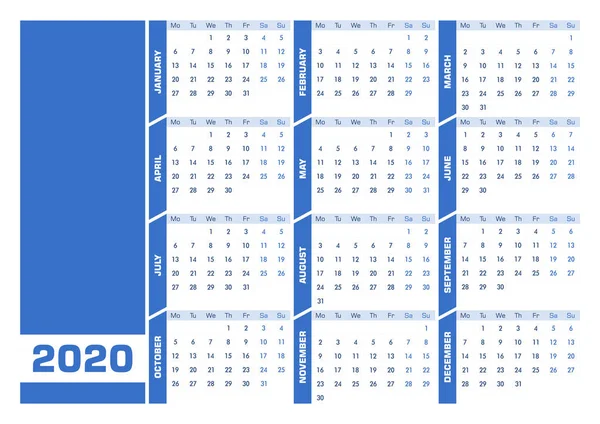 Calendario inglés azul 2020. Versión de paisaje imprimible. Comienza — Vector de stock