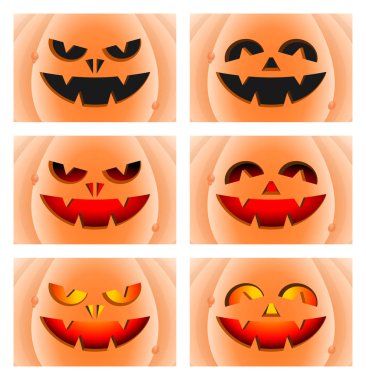 Cadılar Bayramı balkabağı yüzleri yakın çekim seti. Kızgın ve mutlu ifade