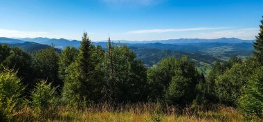 Dağları ve ormanı olan güzel bir manzara.