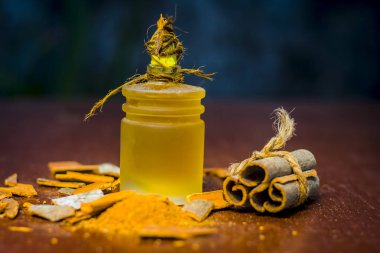 Tarçın, tarçın zeylanicum bütün tarçın ile ve onun toz yağ ve yakın çekim.