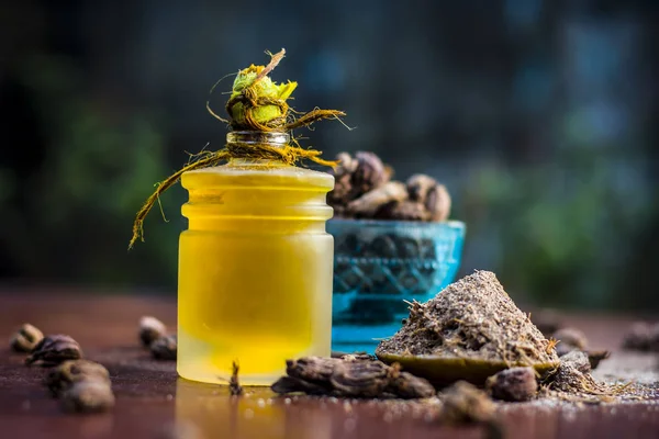 Yağı, tozu ile siyah kakule ve ham siyah kakule yakın çekim.