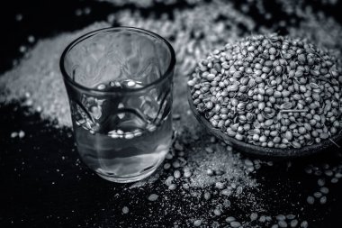 Su Coriandrum sativum, kişniş, toz ile yakın çekim.