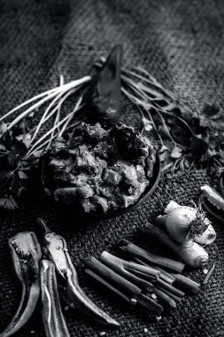 Hint ile sebze benzeri: taze soğan, kış sezonu Baingan ka Bharta yenen yemeğin yakın Allium fistulosum, kişniş, Coriandrum sativum, sarımsak, Allium sativum ve titreme.