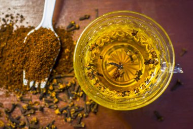 Onun şeffaf bir fincan çay ile diş görünümünü kapat.