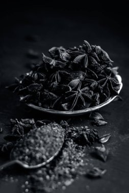 Onun tozu ile bir tabak içinde yıldız aniseeds görünümünü kapat