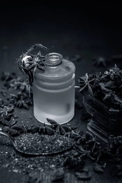 Крупный План Анисовых Звёзд Извлекаемого Масла Маленькой Бутылке — стоковое фото