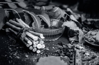 Ayurvedik tedavi için malzemeler görünümünü kapatın. Neem, neem bırakır, neem toz, ağaç kabuğu, karanfil, zerdeçal, su