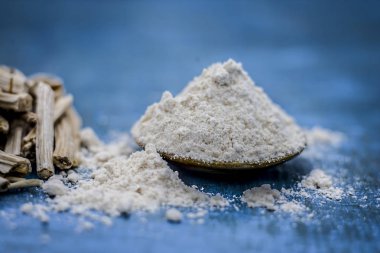 Ayurveda herb satavari, toz ve kökleri ile kuşkonmaz racemosus görünümünü kapat