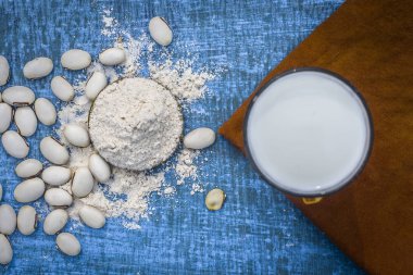 Cowhage, Mucuna pruriens tozu ve süt cam görünümünü kapat 