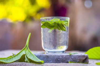 Bir bardak su yapraklarda guava görünümünü kapat