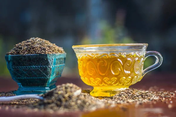 Black Cumin Seeds Its Tea Wooden Surface — Stock Photo, Image