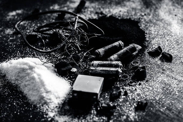 Close up view of ingredient or mixture of Earthing system or Grounding system. Coal,coal powder, salt, sodium chloride and wires