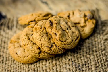 Ev yapımı taze pişmiş çikolata kurabiye topçu arka plan üzerinde