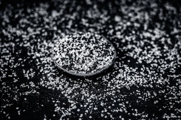 Close View Crushed Mustard Seeds Wooden Surface Dark Gothic Colors — Stock Photo, Image