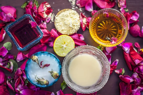 Ayurvedic Herbal Facial Mask Rose Water Honey Wooden Table — Stock Photo, Image