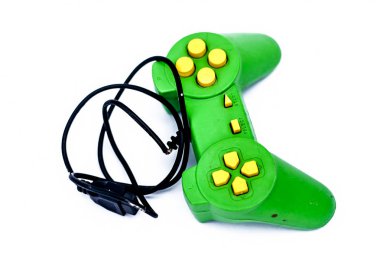 Beyaz arka plan üzerinde izole oyun yeşil joystick, yakın çekim