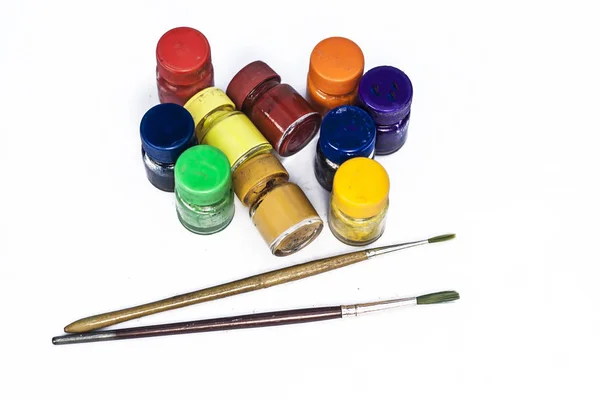 Small Bottles Paints Brushes White Background — Stock Photo, Image