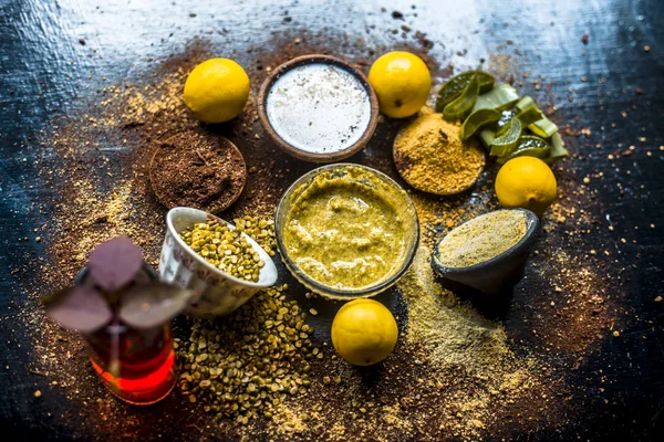 Ingredients for herbal face pack with lemons and rose water