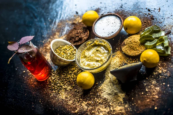 Ingredients for herbal face pack with lemons and rose water